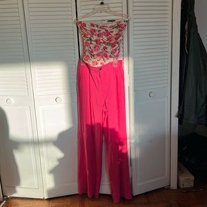 NWT Zara Flower Cinched Strapless Bodysuit and Pink wide Leg pants Sz L